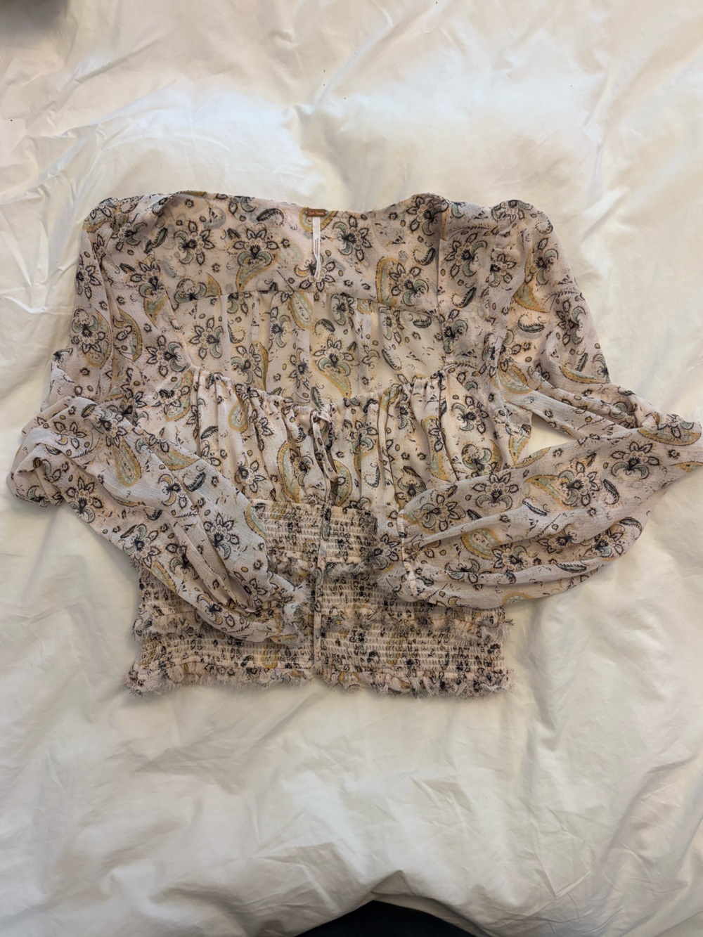 NWOT Free People Smocked Paisley Peasant Blouse in Soft Beige and Sage